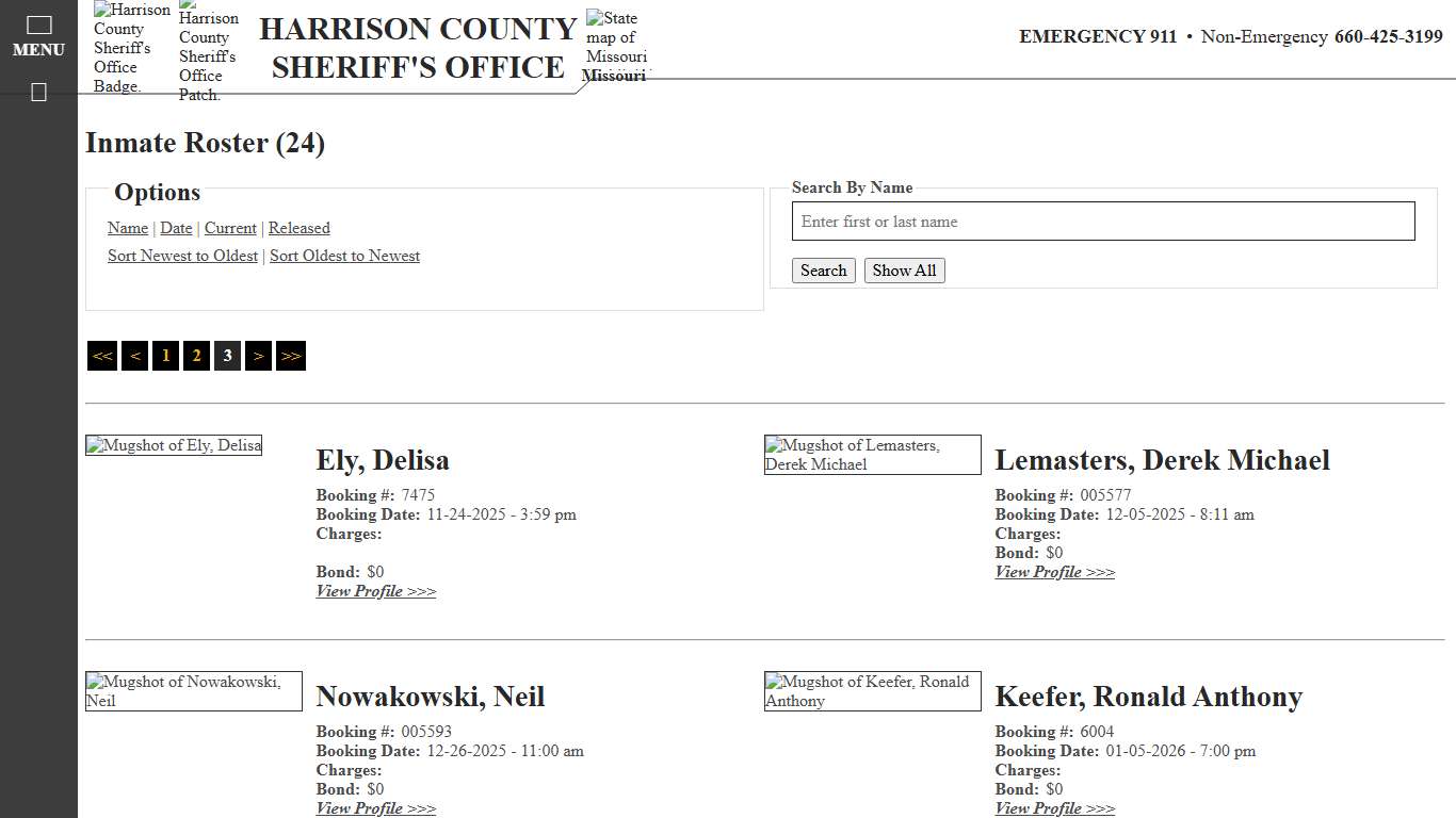 Inmate Roster - Page 3 Current Inmates Booking Date Ascending - Harrison County MO Sheriff